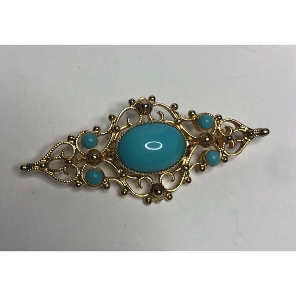948 Danecraft 10k over 925 sterling Silver faux turquoise filigree pin Brooch - Picture 2 of 3
